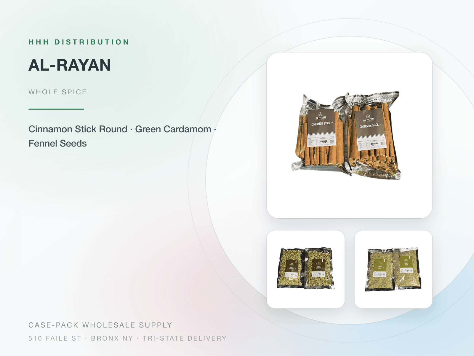 Al-Rayan cinnamon stick, green cardamom and fennel seed packs on a wholesale banner