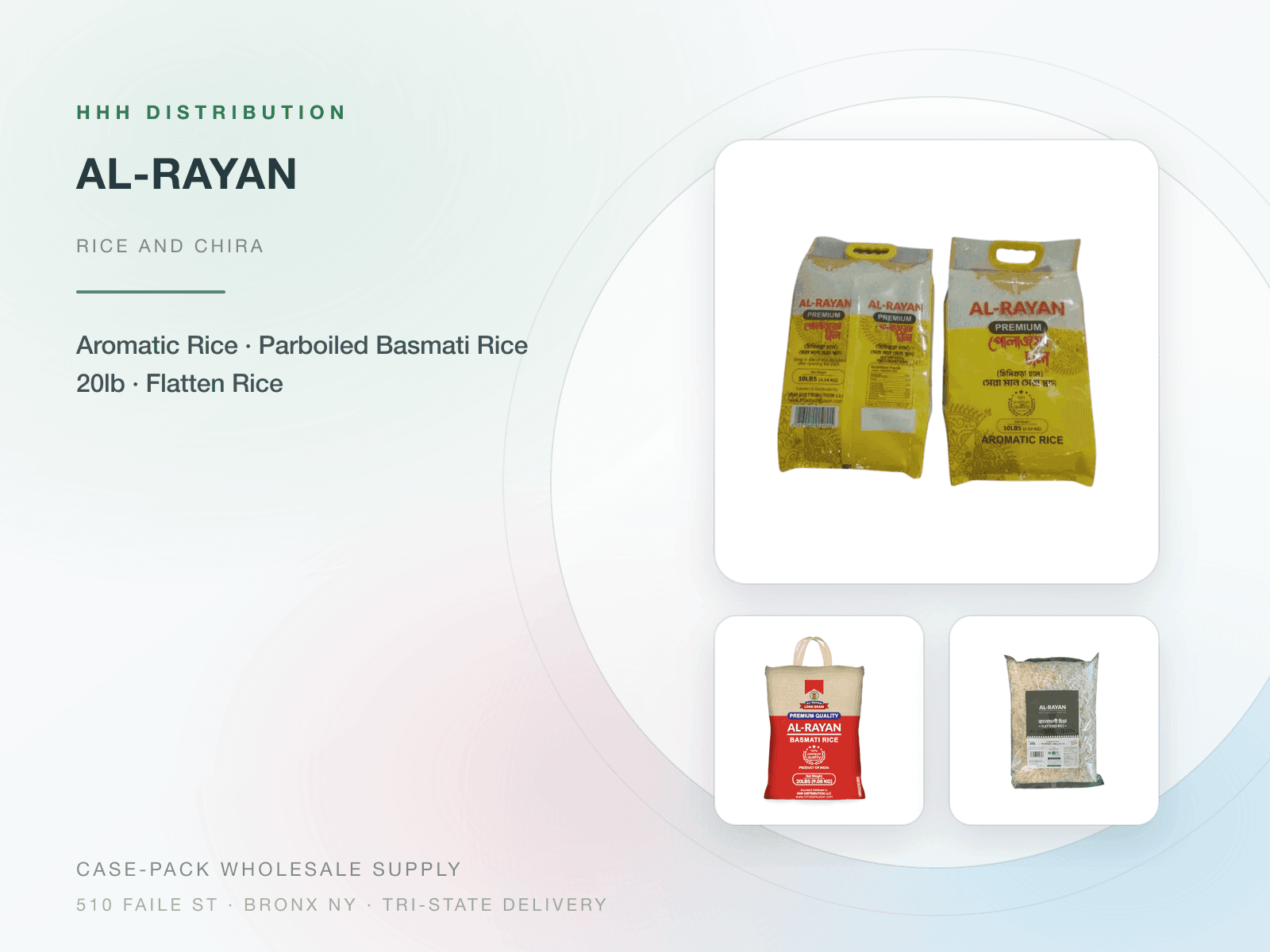 Al-Rayan aromatic chinigura rice, basmati and flattened rice packs on a wholesale banner