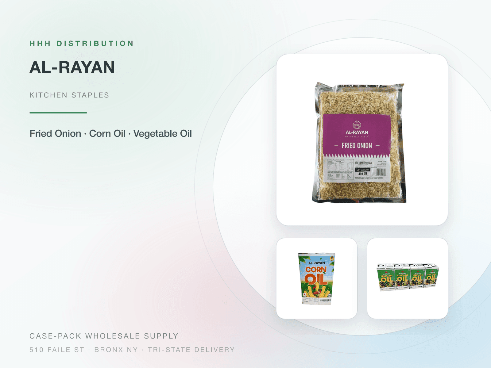 Al-Rayan fried onion, corn oil and vegetable oil packs on a wholesale supply banner